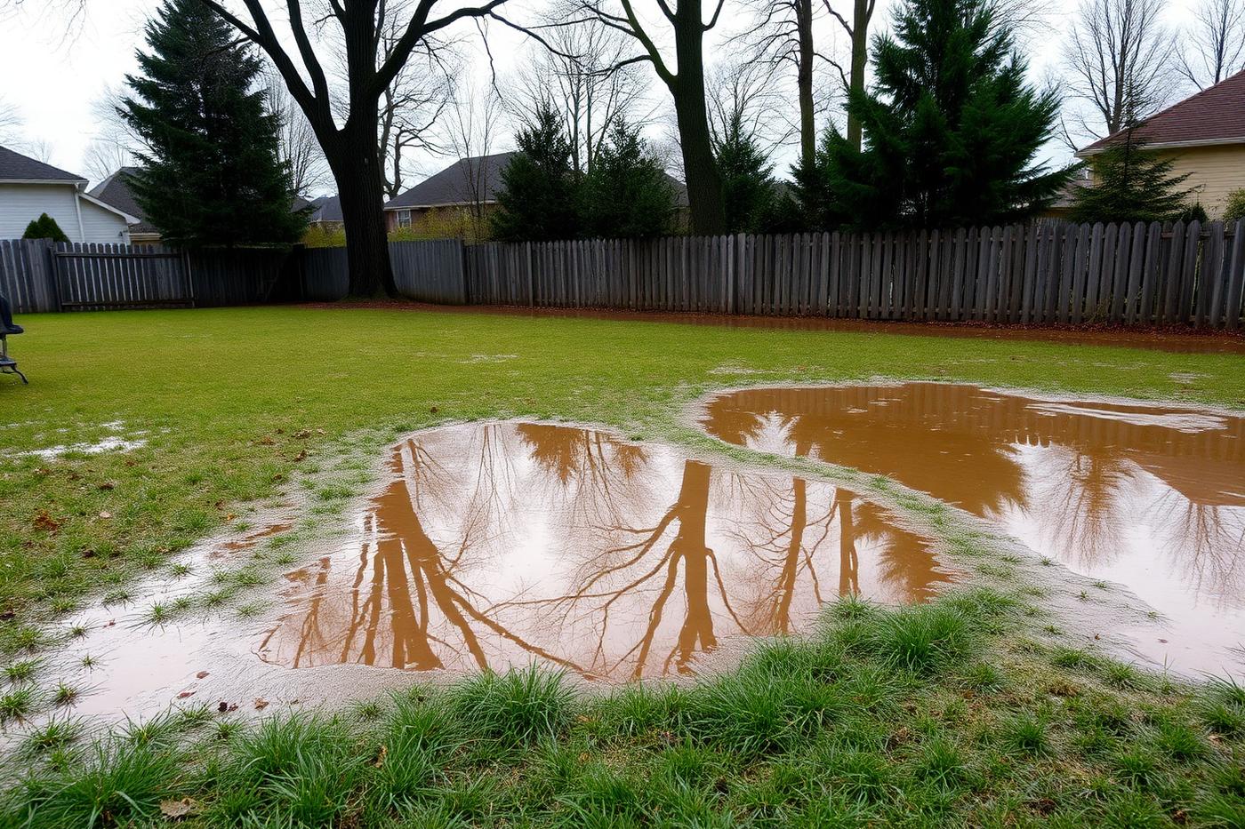 Standing water pooled across a suburban back yard